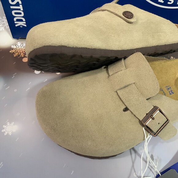 Birkenstock Boston Clog Taupe Suede Shoes Leather Soft Footbed Unisex - Picture 2 of 5